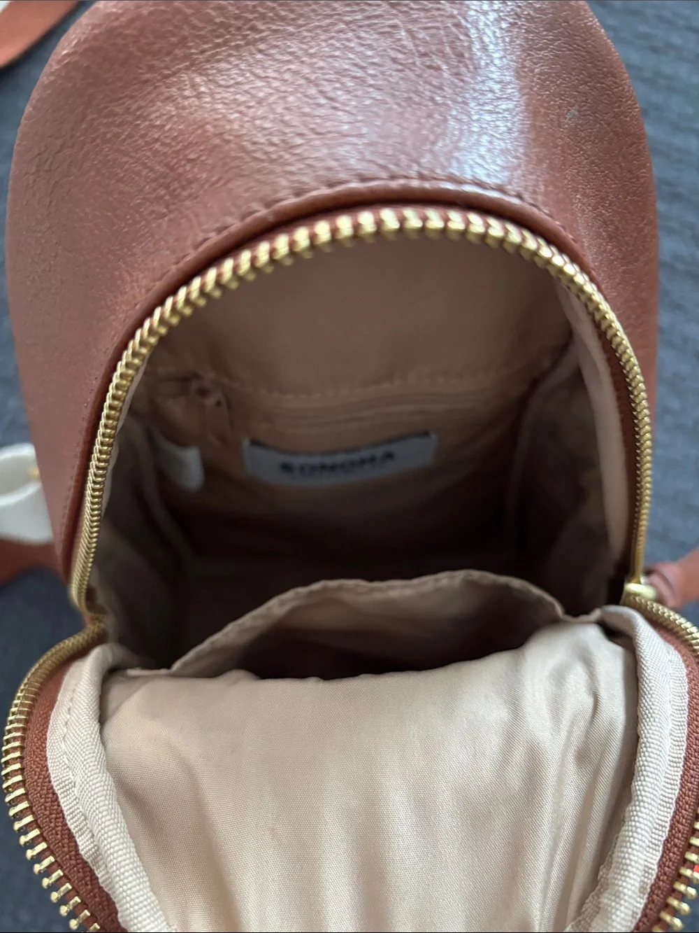 Sonoma Brown Leather Sling Belt Bag with Cream & Brown Strap